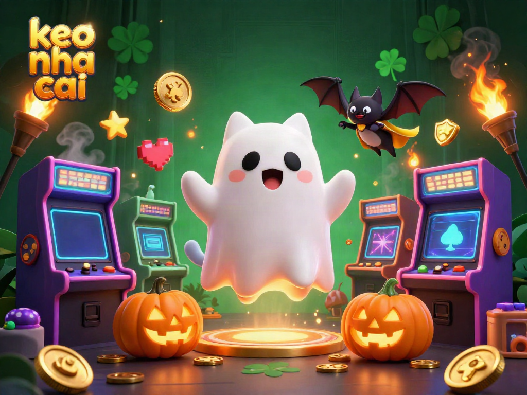 Engage in keo nha cai strategies with a friendly ghost cat and vampire bat in a lively casino scene.
