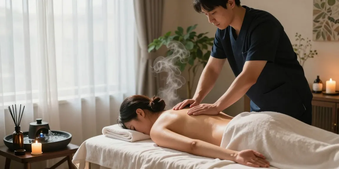 제주마사지 중인 전문 관리사와 아늑한 마사지실의 모습.