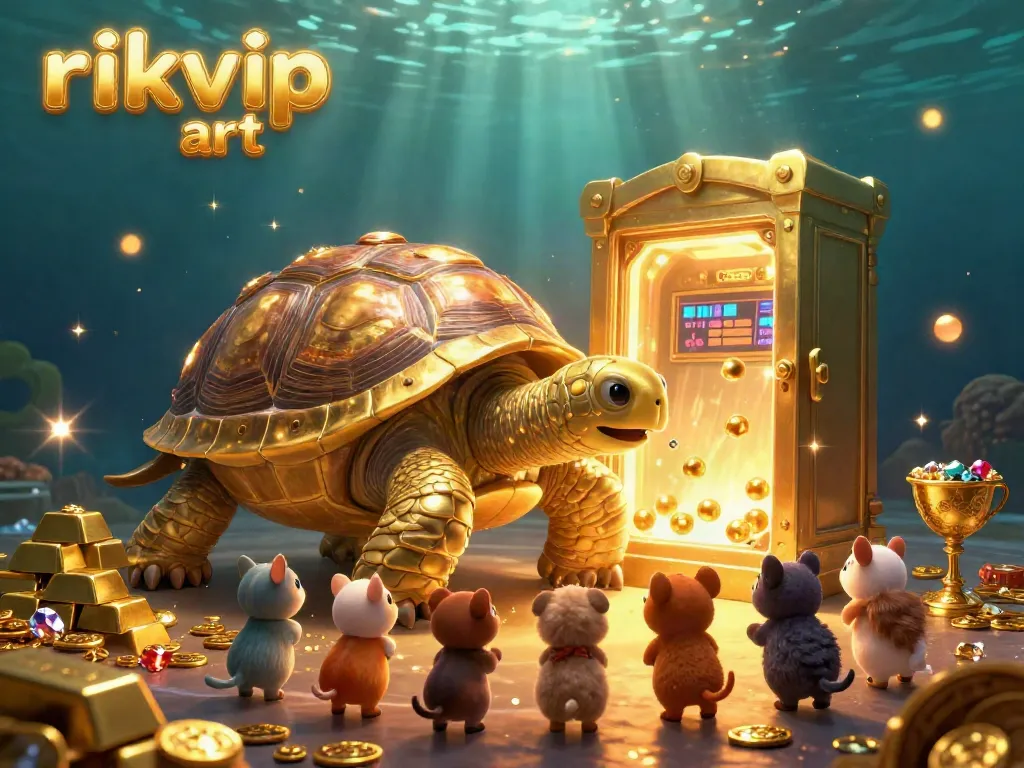 Experience the vibrant rikvip art scene with a golden tortoise pinball machine surrounded by treasures and excited animals.