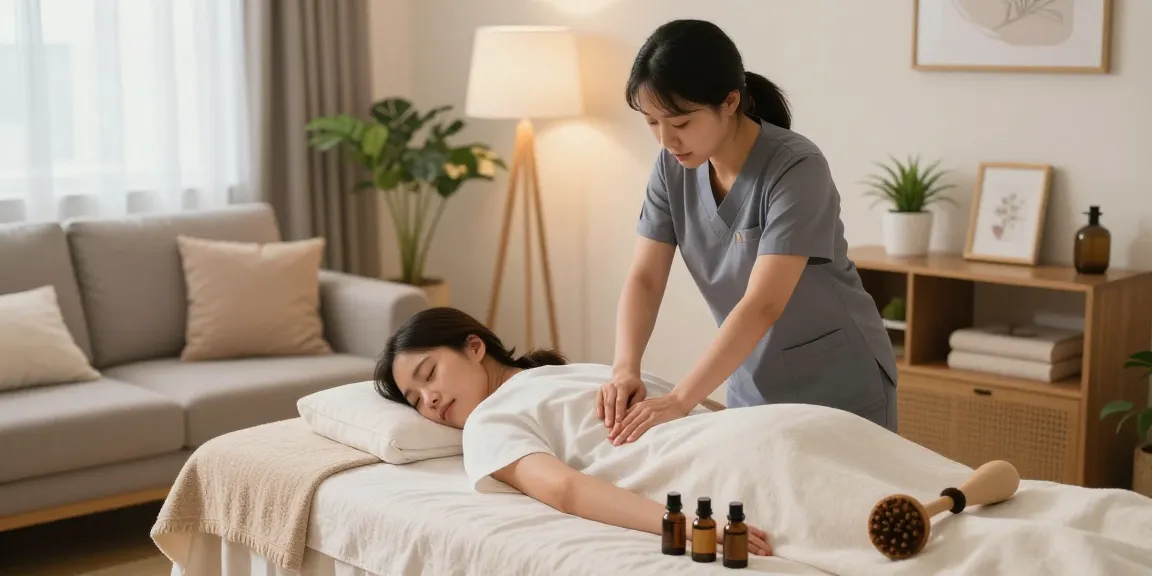 Client experiencing a soothing 동탄출장마사지 at home with a professional therapist.