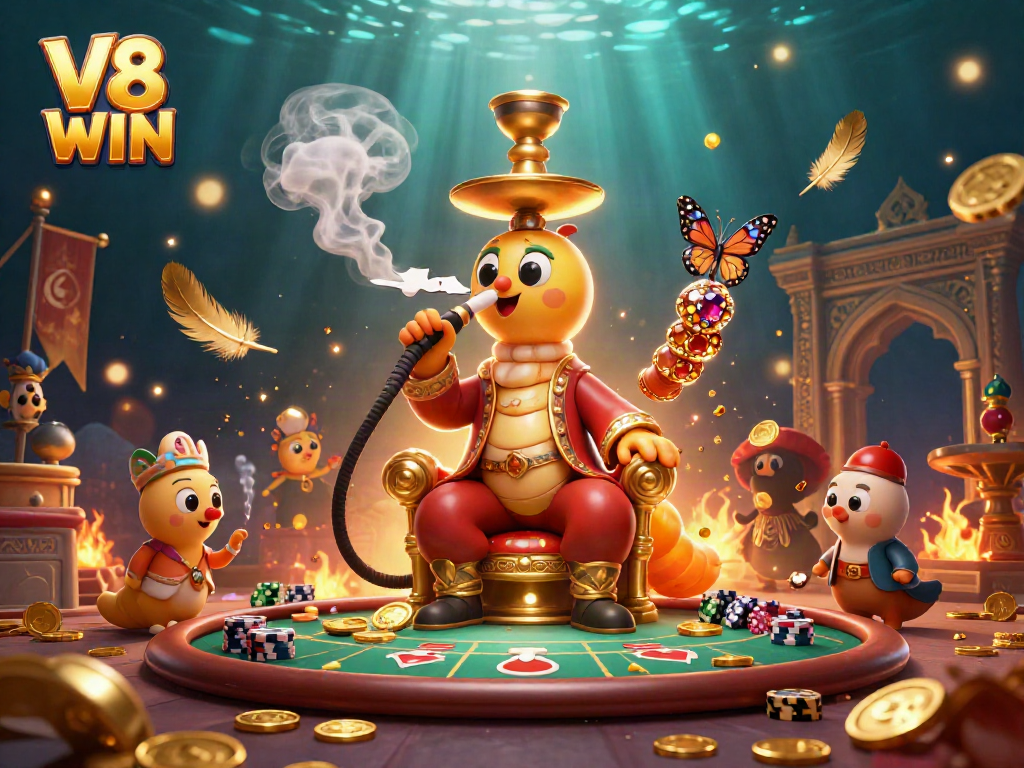 Experience the thrill of V8 WIN with our vibrant 3D casino-themed illustration showcasing poker and excitement.