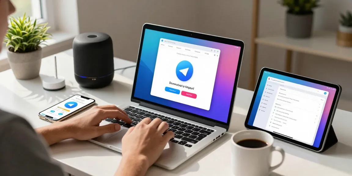 Download Telegram from a sleek laptop, showcasing a vibrant desktop interface with colorful notifications.