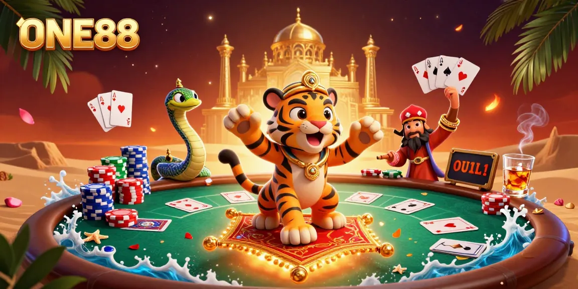 Experience the vibrant ONE88 casino landscape with a tiger sultan and magical elements.