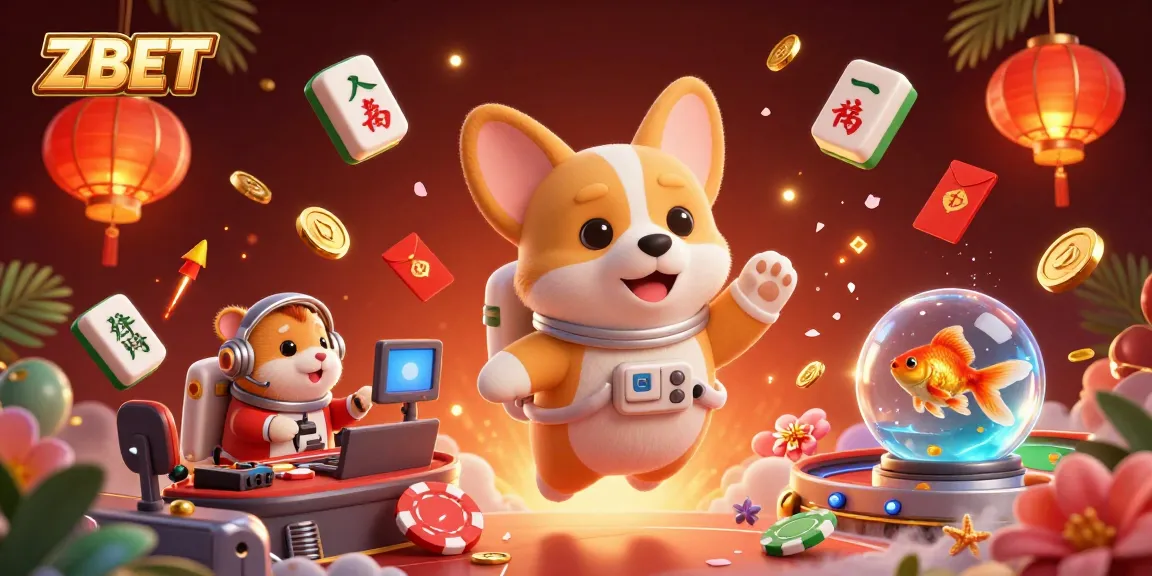 ZBET offers thrilling gaming experiences with a playful scene of a corgi astronaut enjoying a space station casino.