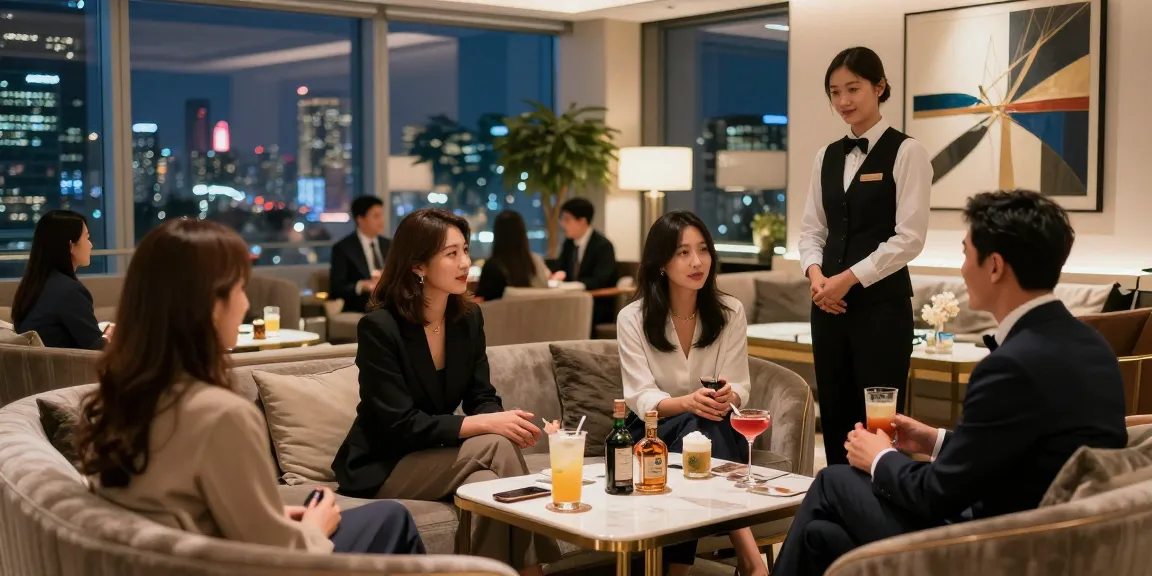강남블랜딩의 고급스러운 라운지에서 손님들이 즐거운 대화 중인 모습