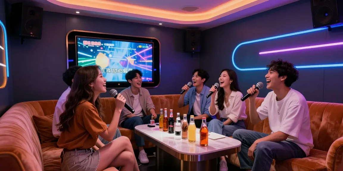 강남가라오케에서 친구들이 함께 노래를 부르며 즐거운 시간을 보내고 있는 모습