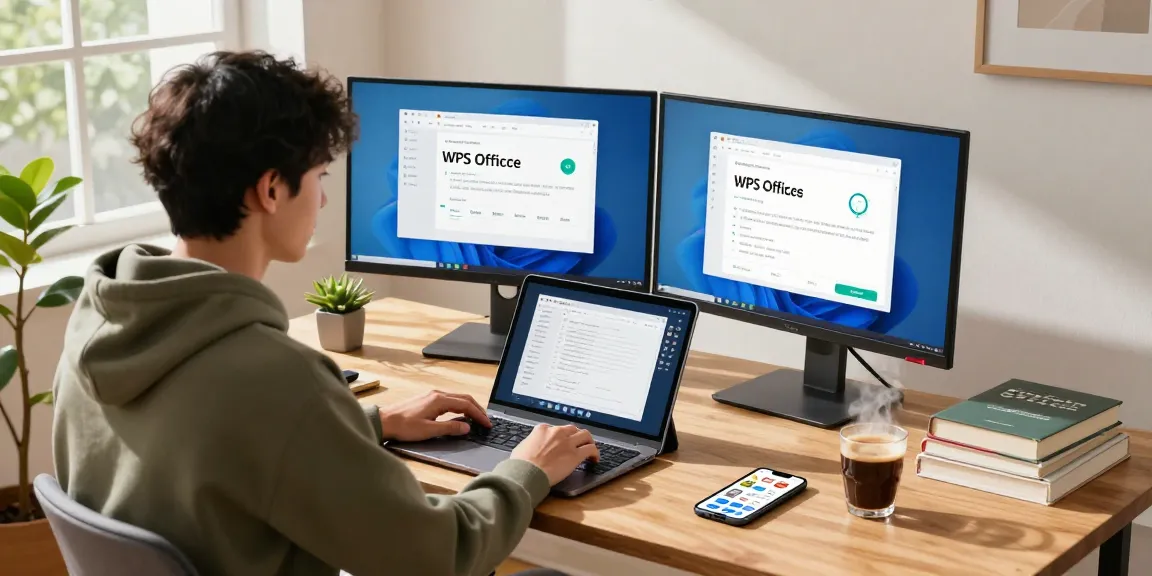 WPS Download on a laptop in a vibrant home office workspace with productivity elements.