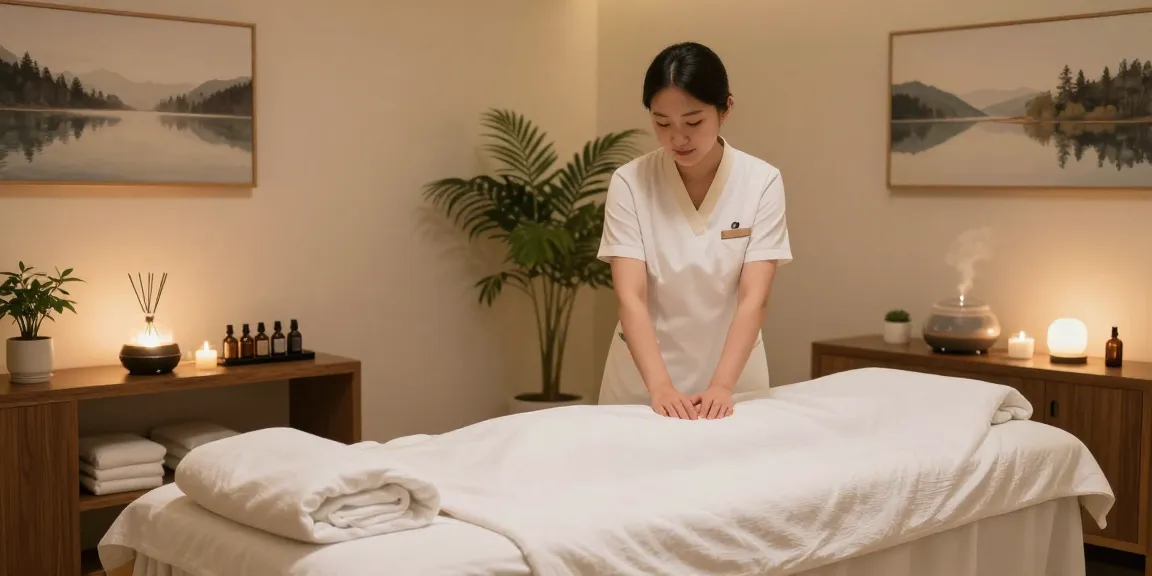 Relaxing 강남출장마사지 room ambiance with massage table and essential oils.