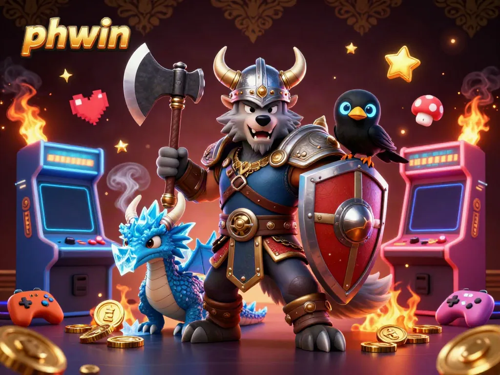 Engage with phwin's thrilling games in an animated scene featuring a Viking wolf warrior, dragon, and arcade elements.