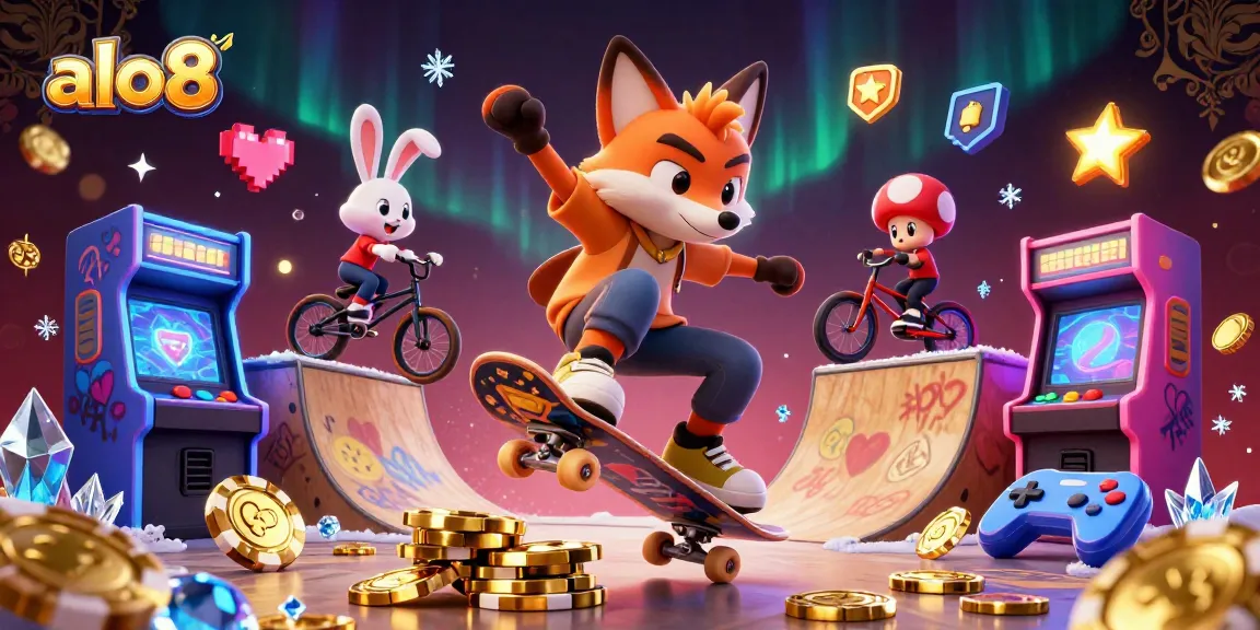 Alo8 showcases a vibrant scene with a skateboarder fox and BMX rabbit in a thrilling casino atmosphere.