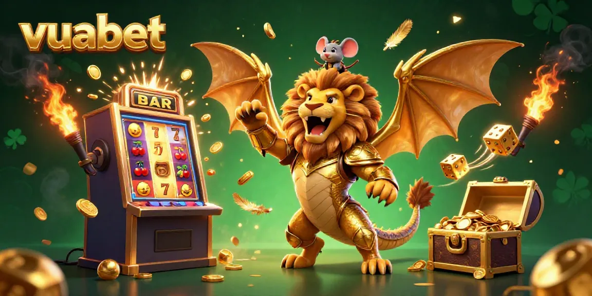 Experience the thrill of vuabet with vibrant casino elements bursting around a heroic chimera creature.