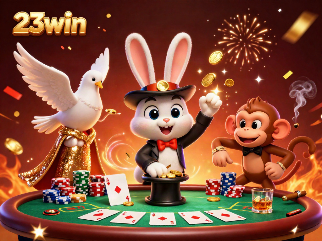 Experience thrilling gameplay at 23win with a rabbit magician revealing gold coins and poker excitement.