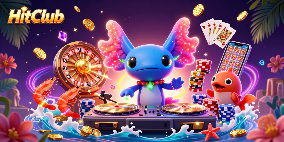 HitClub players spin the reels with vibrant characters and casino elements, showcasing an energetic gambling scene.