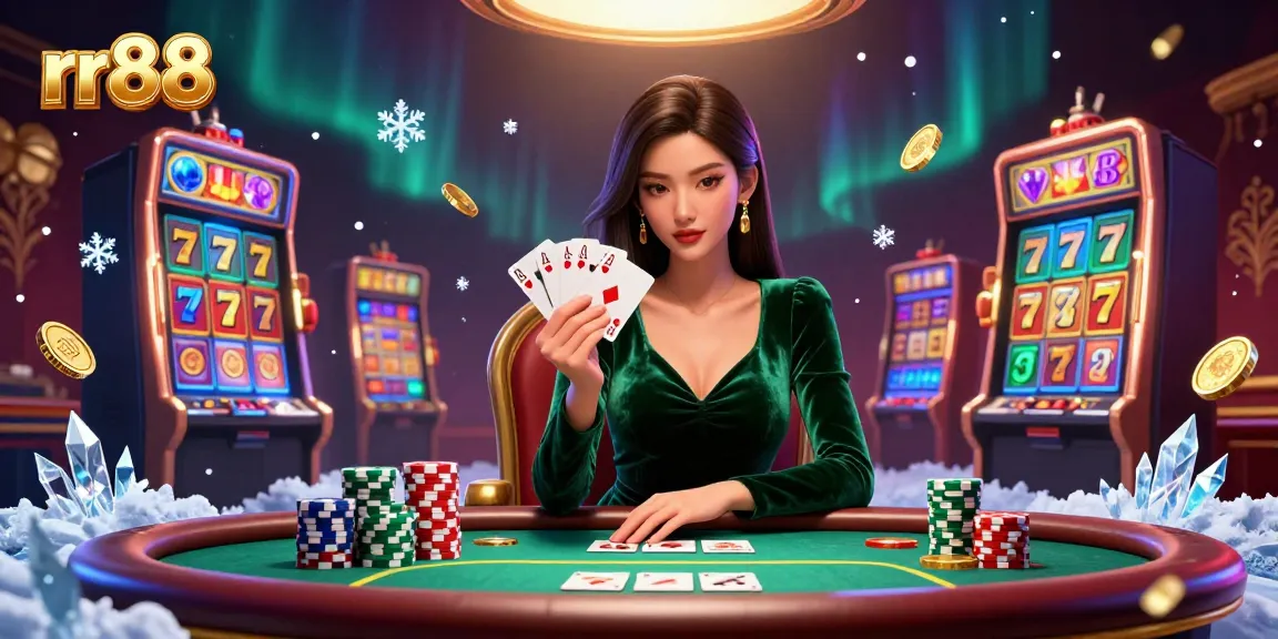 Experience the thrill of rr88 casino with a stunning poker scene featuring a focused player against dynamic slot elements.
