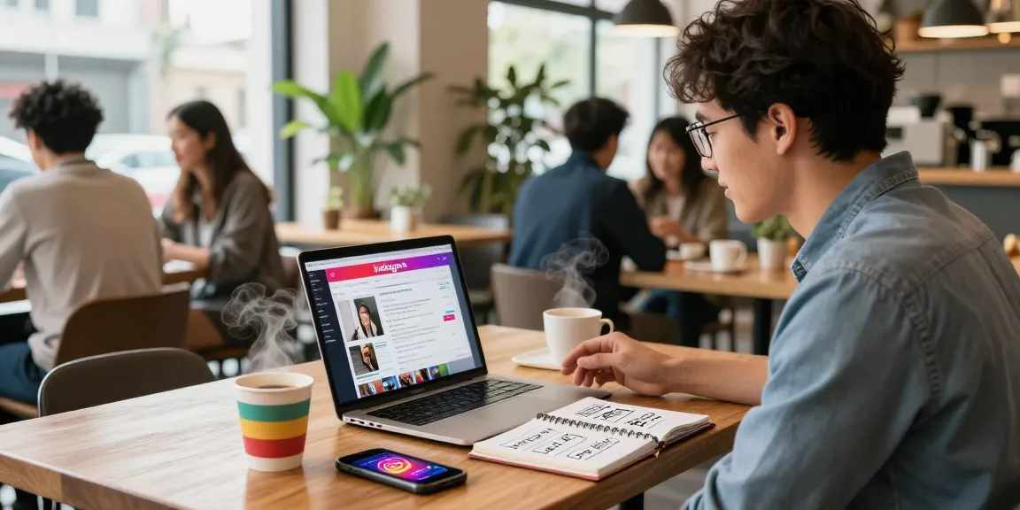 賑やかなカフェでインスタ いいね 購入のためのInstagramメトリクスを分析するエンゲージドな起業家。
