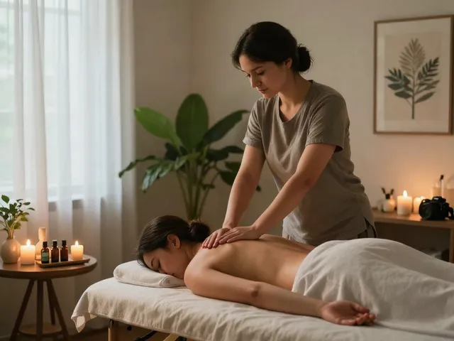Relaxing 일산출장마사지 scene with therapist providing soothing massage in tranquil home setting.