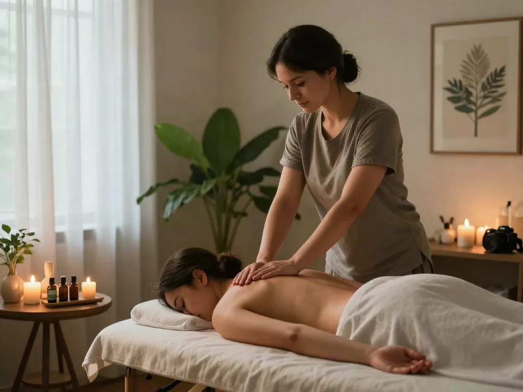 Relaxing 일산출장마사지 scene with therapist providing soothing massage in tranquil home setting.