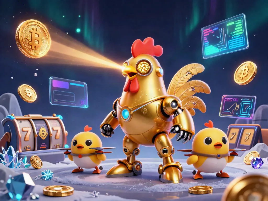 Engrave winning patterns with 8 S casino-themed illustration featuring golden rooster robot and chick drones.