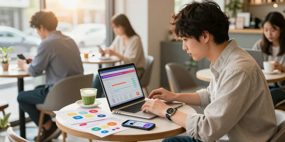 インスタ 日本人 フォロワー 購入を分析する若い起業家がカフェで集中しているシーン