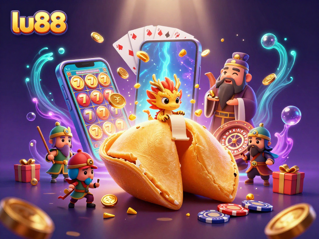 Engage with exciting adventures at lu88, featuring a mesmerizing gaming scene with 3D characters and vibrant casino elements.