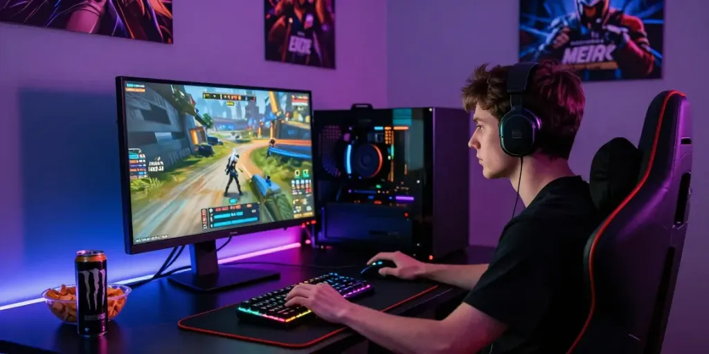 Người chơi game đam mê với bàn làm việc gaming từ f168, màn hình game cao cấp, ánh đèn RGB.