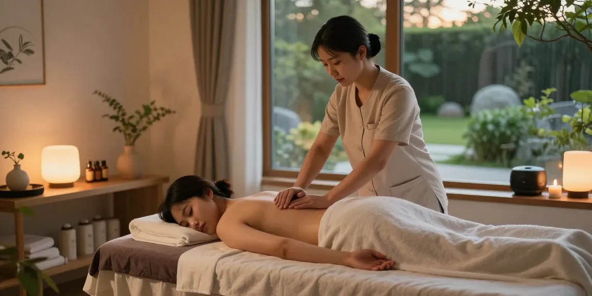 대전마사지 전문 치료사가 편안한 마사지 치료 스튜디오에서 고객에게 마사지를 제공하는 모습