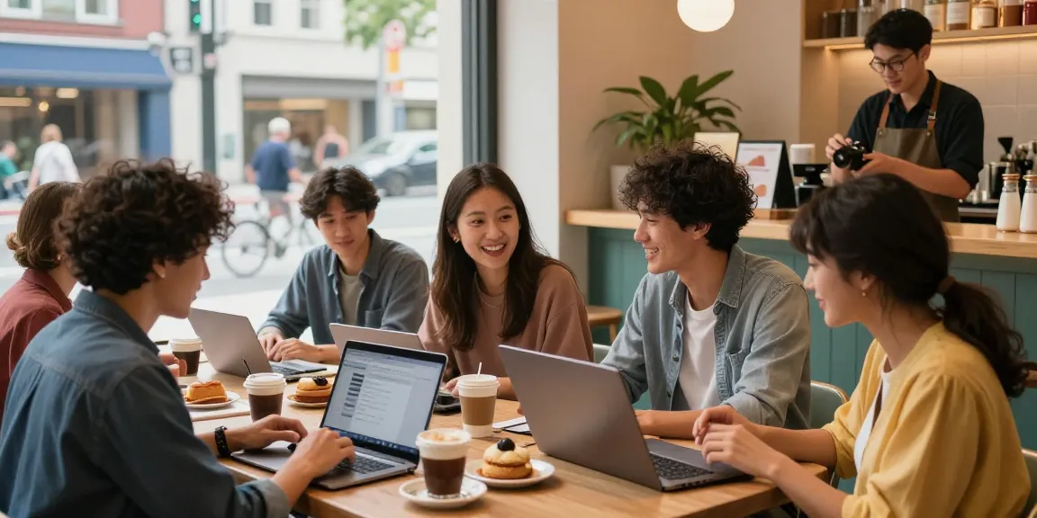 Engaging social scene in a trendy café discussing op사이트 services with friends.