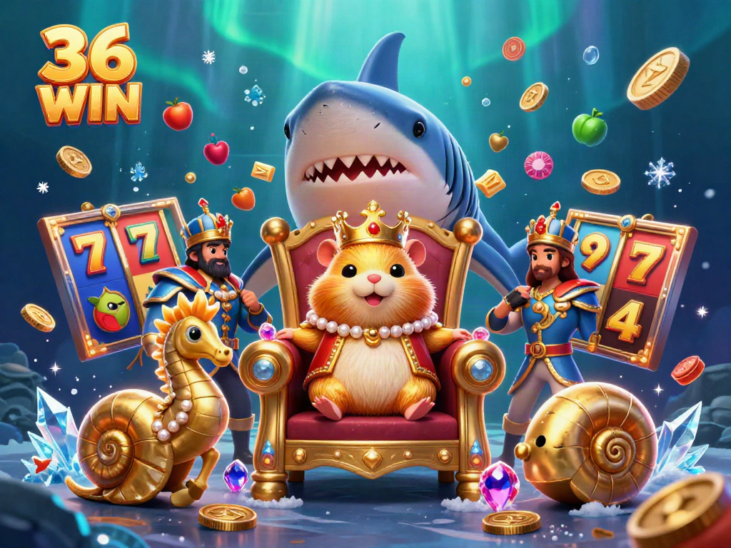 Experience dynamic gaming excitement with 36 WIN’s colorful slot-themed illustration filled with vibrant elements.