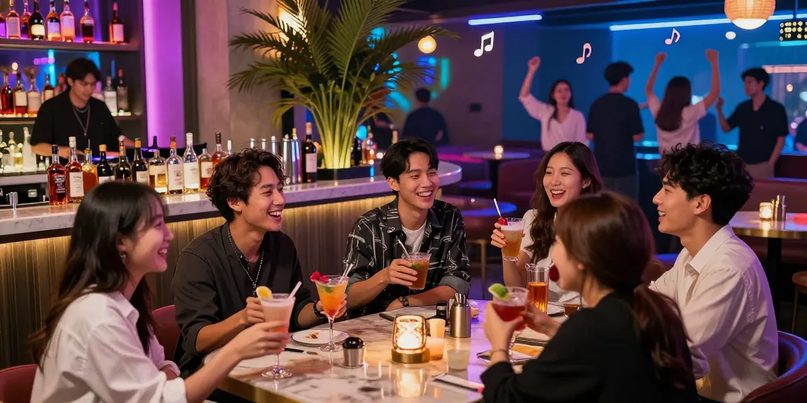 하루이야기에 대한 강남의 활기찬 밤문화와 친구들의 즐거운 순간을 담은 이미지