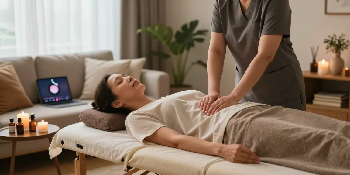 편안하게 출장안마를 받는 고객과 전문 관리사의 모습으로, 아늑한 실내에서의 고급스러운 분위기를 담고 있습니다.