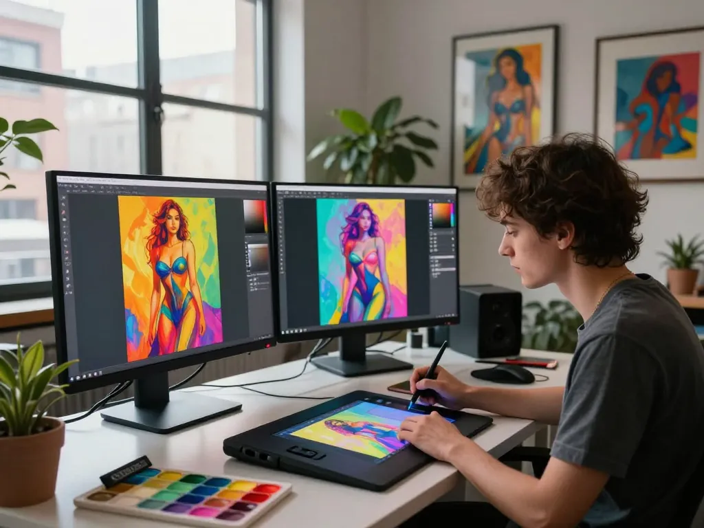 AI sex artwork creation in a vibrant digital studio environment, showcasing creativity and technology.