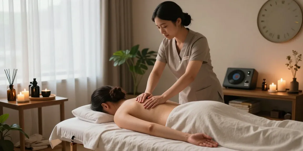 스웨디시 마사지 중인 전문가와 편안한 분위기의 마사지 테이블