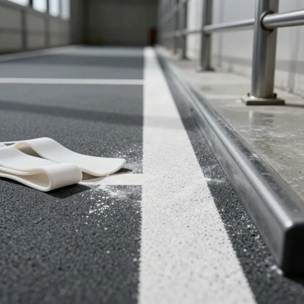 실내 스프린트 복도 바닥의 레인 마커와 흰 저항밴드, 떠도는 분필 먼지
