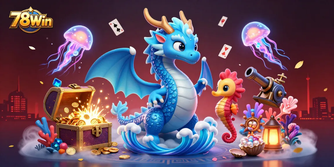 Win big with 78Win's thrilling underwater adventure featuring a dragon, knight, and glowing jellyfish.