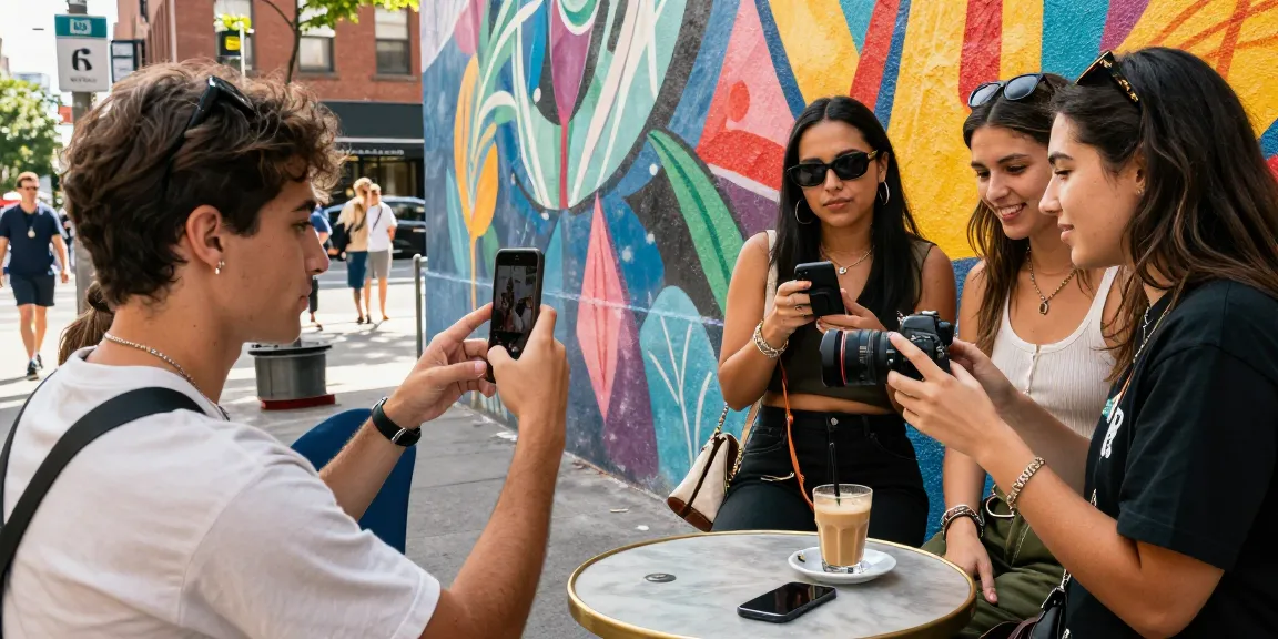 ラテを楽しむインフルエンサーがファッションをInstagramで披露し、活気ある都市の中でインスタ いいね 購入のトレンドを体現しています。