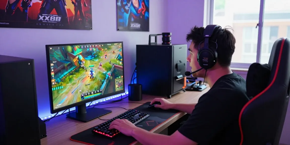 Player immersed in XX88 gaming experience, surrounded by vibrant game graphics and gaming gear.
