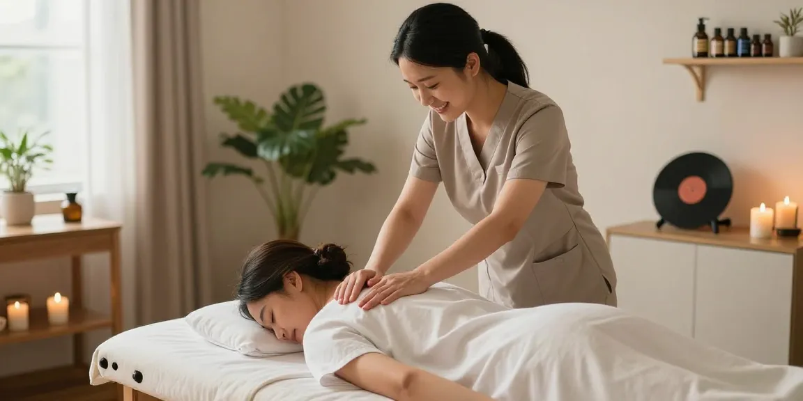 인천출장마사지 session with a professional therapist in a cozy home setting, providing relaxation.