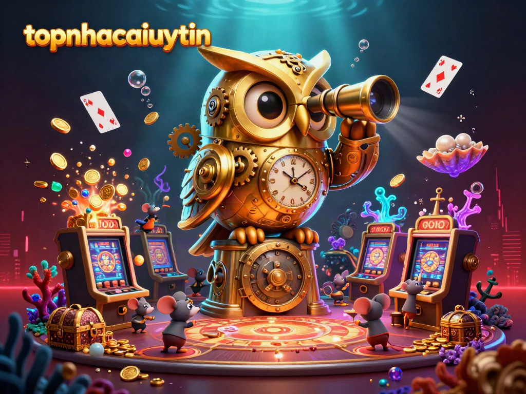 topnhacaiuytin showcases a massive clockwork owl and mouse patrons exploring vibrant casino imagery