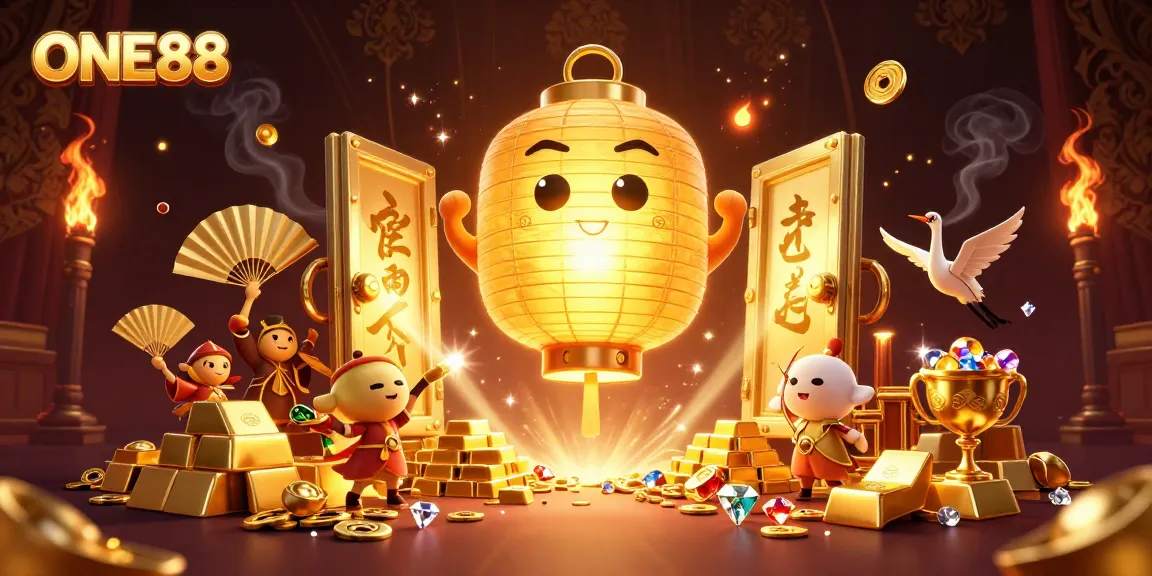 Experience the ONE88 casino magic with glowing lanterns and treasure in a vibrant atmosphere.