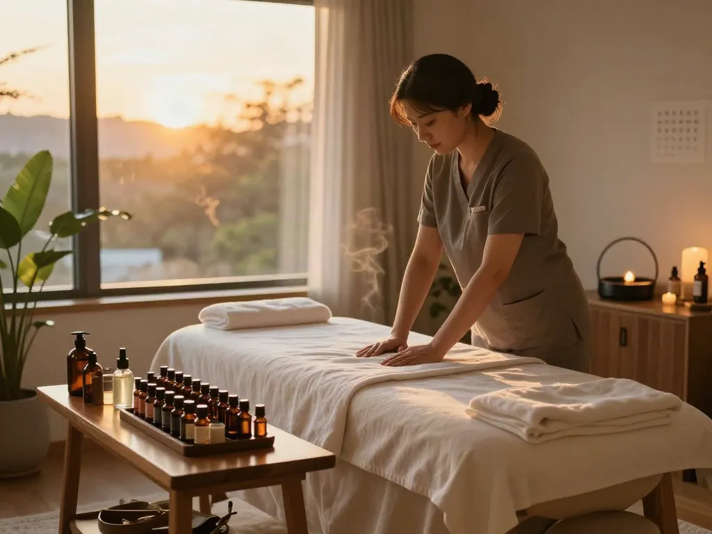 Inviting home massage setting for 인천출장안마 with warm lighting and essential oils
