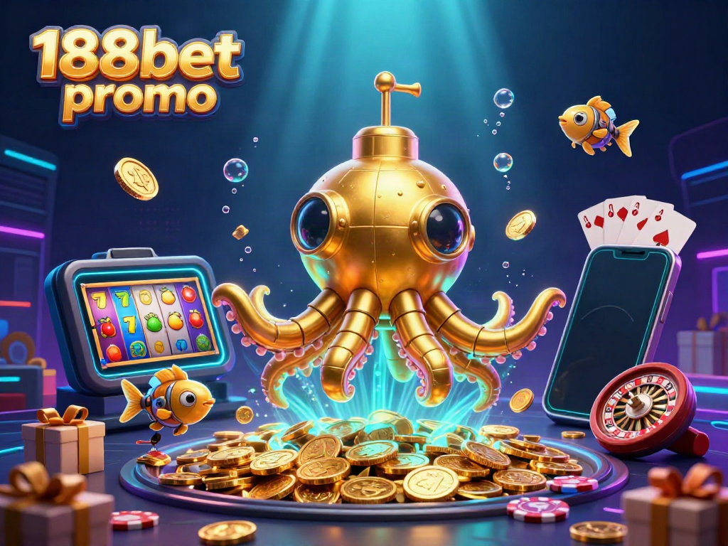 Experience the excitement of the 188bet promo with dynamic elements of slot games, coins, and thrilling undersea adventure.