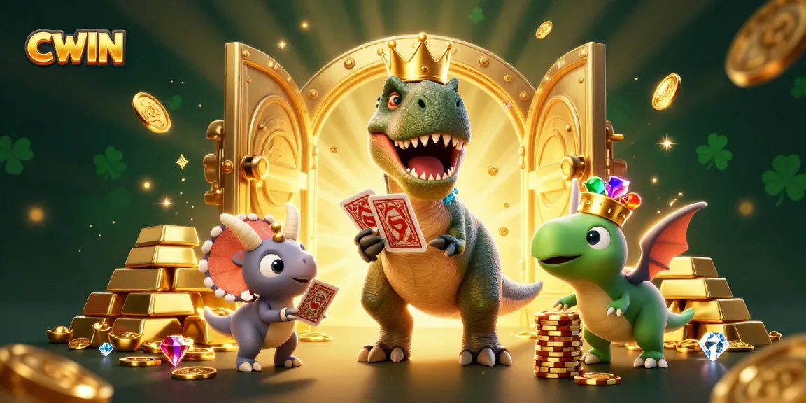 CWIN engages players with a friendly T-Rex shuffling cards in a vibrant 3D casino scene.
