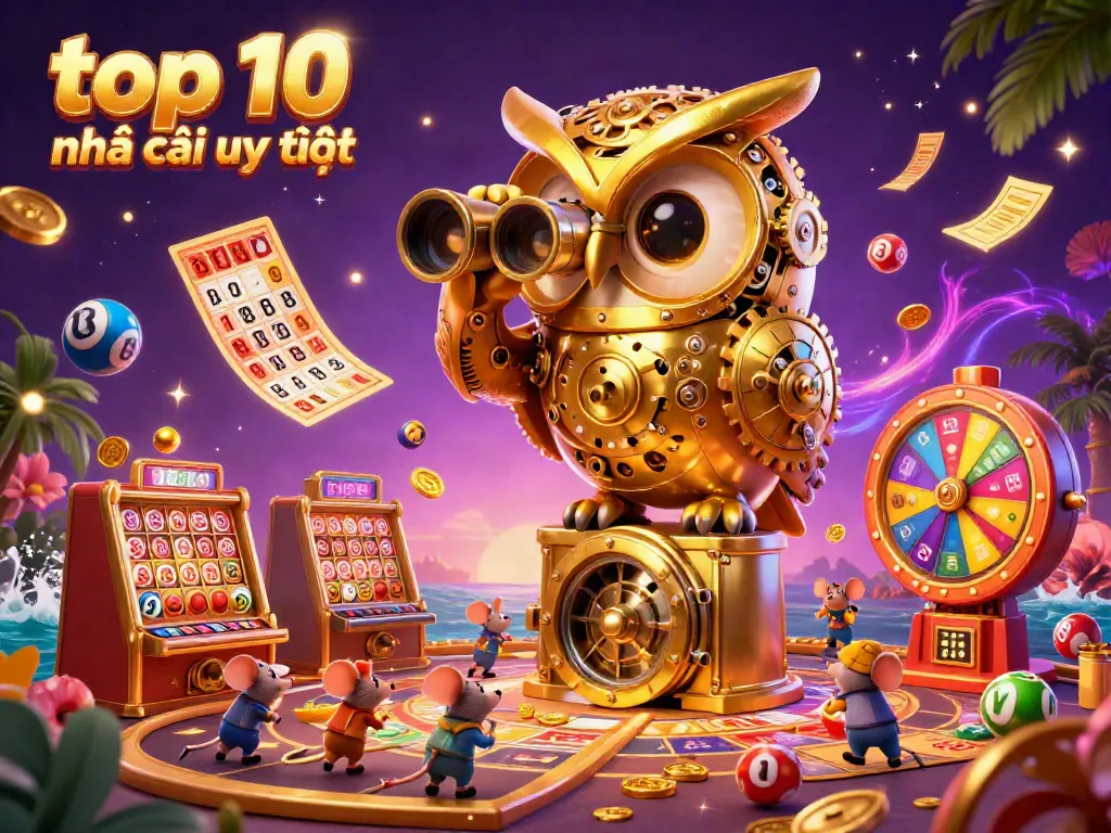 Experience the vibrant casino atmosphere with top 10 nhà cái uy tín, featuring a unique golden owl scanning the floor.