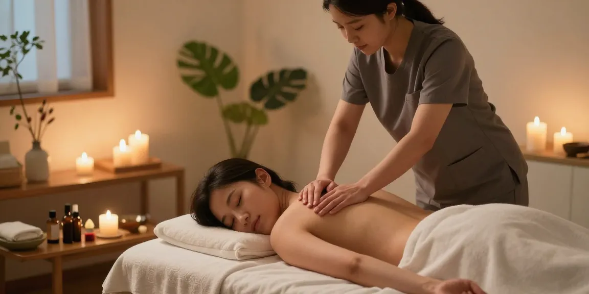서울출장안마 서비스로 편안한 분위기에서 마사지 받는 장면, 전문 관리사가 고객을 편안하게 돌보는 모습