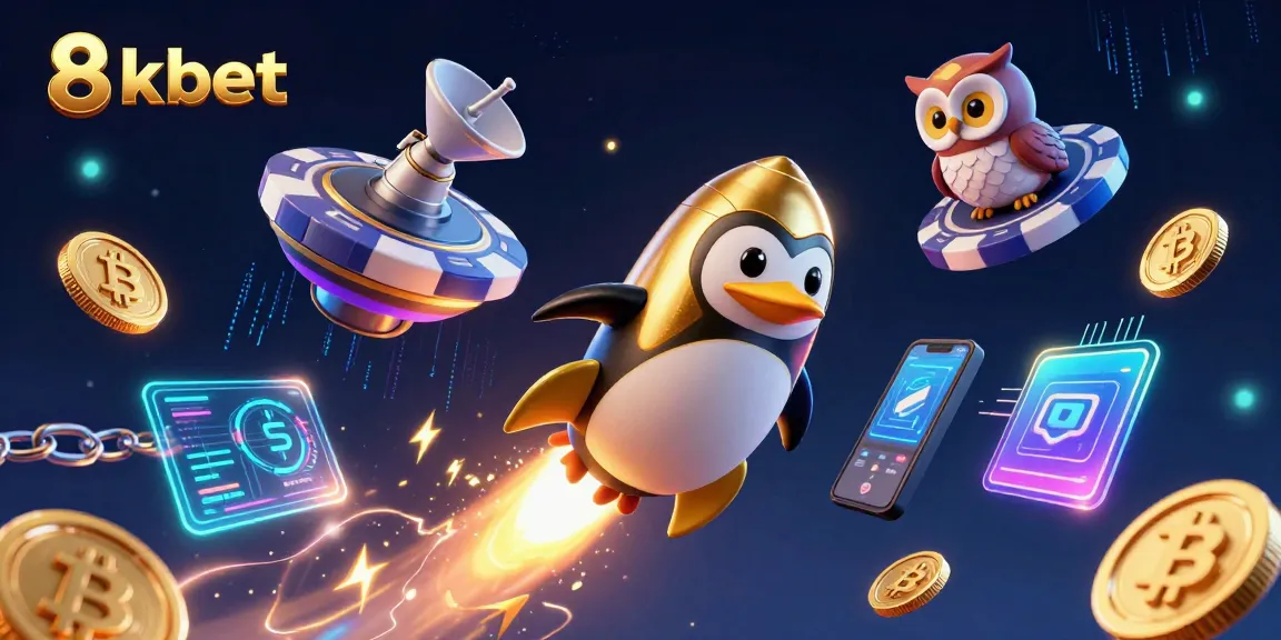 Experience thrilling wins with 8kbet as a golden penguin rockets to a casino filled with crypto excitement.