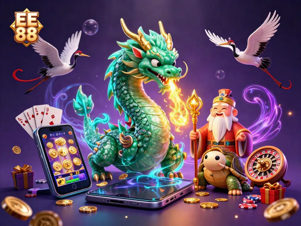 Experience the thrill of gaming with EE 88 featuring dragons and lucky symbols in a vibrant scene.