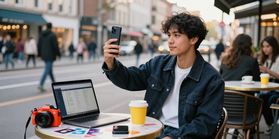 韓国人フォロワー購入サービスを活用する若いインフルエンサーがカフェで自撮りしている様子。