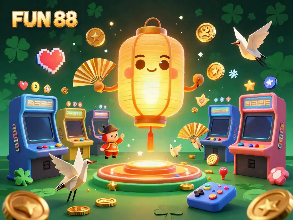 Experience the exciting atmosphere of FUN 88 with a glowing lantern spirit above a vibrant casino setting.