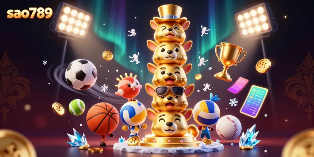 Sao789 casino-themed illustration showcasing a golden totem pole amidst dynamic sports elements and glowing trophies.