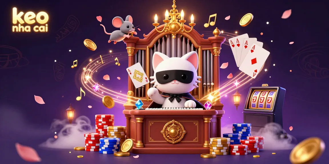 Cascading coins and colorful poker chips illuminate the scene as the keo nha cai phantom cat plays serenely at the casino organ.